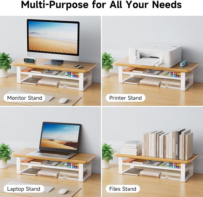 Monitor Stand Riser, 24 Inch Computer Monitor Stand for Desk, 2-Tier Wood Desk Shelf Organizer with Storage, Desktop Stand for Laptop/Screen/PC/Printer, Ergonomic Home Office Monitor Stand