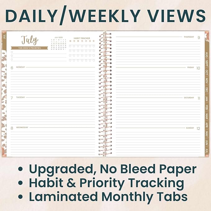 bloom daily planners HARDCOVER Planner 2026-2027 (8.5" x 11") Academic Year (July 2026 - July 2027) - 13 Months Task Goal Planner for Women - Monthly & Weekly Agenda Book - Tan Leopard