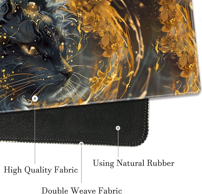 Extended Gaming Mouse Pad 31.5" x 11.8", with Edge Stitching, Non-Slip Rubber Base Keyboard Pad, Suitable for Work, Game, Office, Home and Coasters, Black Cat with Gold Floral