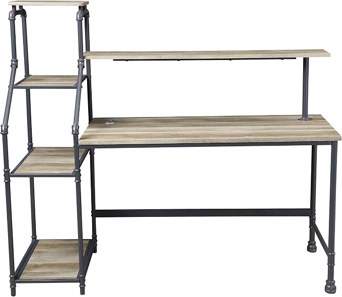 Antwonette Industrial Metal Office Desk with Reversible 3-Shelf Bookcase, LED Light, USB Port for Workstation, Home Office, Study Room, Light Oak Brown and Black