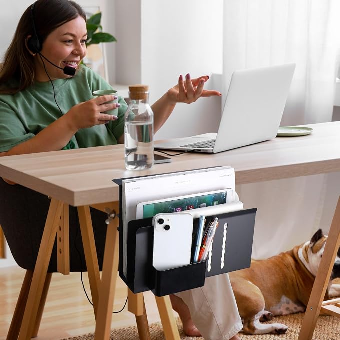 LUKETURE Desk Side Storage, 2 Tie Laptop Holder No Drill Clamp On Organizer | Steel Side Desk Organizer, Clamp on Laptop Mount with Pen Holder, Hanging Storage for Home Office, Fits 0.3" to 2.8"