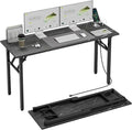 TEMI Small Computer Desk Folding Table - No Assembly, Compact 55.1" Foldable Desk with Power Outlets & USB Charging Port, Portable Small Office Desk, Ideal Mini Study Table, Marble Greige