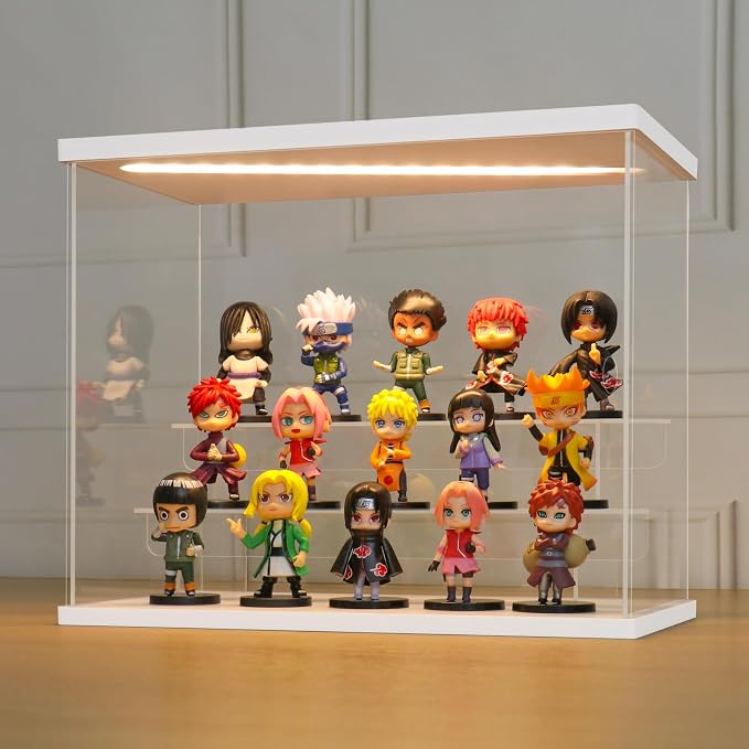 LANSCOERY Acrylic Display Case for Collectibles, 3-Tier LED Light, White | 3mm clear acrylic panels with front door access and tri-color top light for small figures on a desk or shelf.