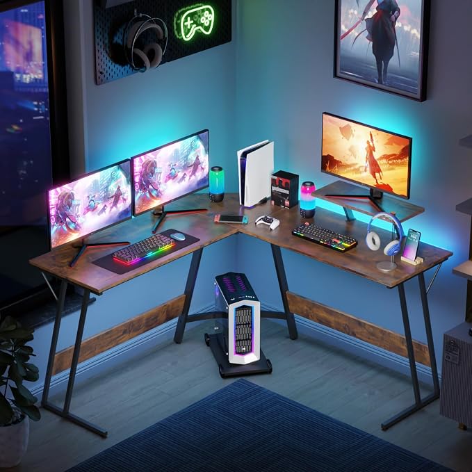 FDW L Shaped 51 Inch Gaming Desk,Corner Computer Desk,PC Gaming Desk,Writing Workstation with Large Monitor Stand for Home Office,Brown