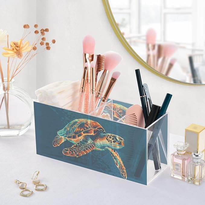 Sea Turtle Acrylic Printed Pen Holder 4 Compartments, Acrylic Plastic Pen Holder Cosmetic Brush Holder Desk Pen Holder Marker Organizer Square Acrylic Pen Holder 4 Compartments
