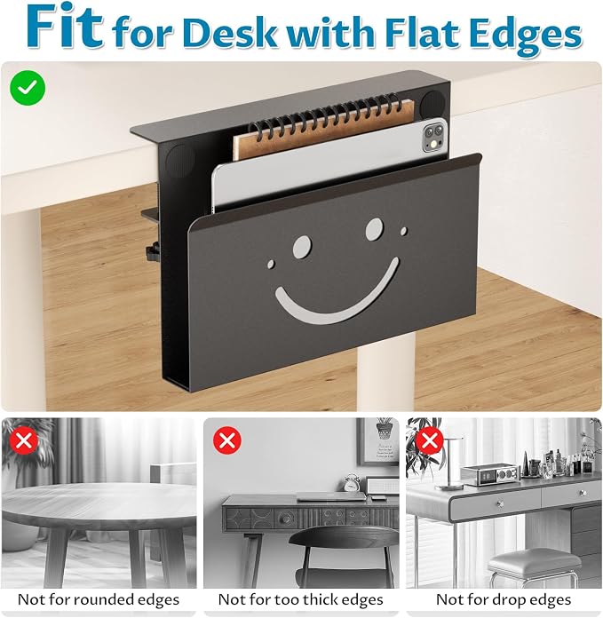Onemake Desk Side Storage, Funny Smile No Drill Laptop Holder, Clamp on Desks Shelf with Magnetic Pen Holder, Hanging Desk Organizer for Home Office, Fits Flat Edge Tables 0.4" to 2.3"