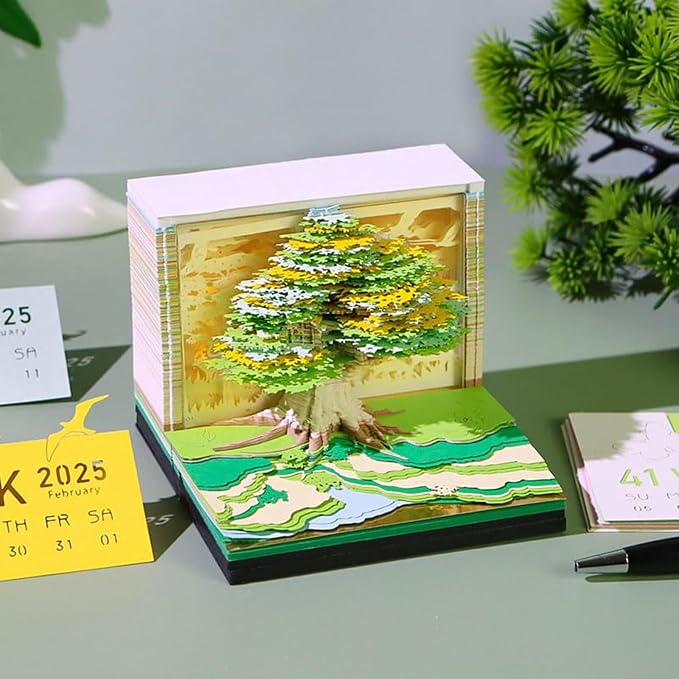 3D Time Piece Calendar, 2027 Desk Calendar With LED Light, 3d Tree Memo Pad Creative Desk Calendar, Christmas Gift for Colleague Friend, Desktop Decoration(Lucky tree)