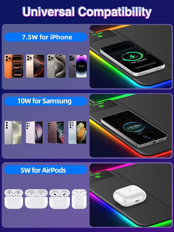 RGB Gaming Mouse Pad with 15W Magnetic Wireless Charging, 31.5'' x 11.8'' | Extra Large LED Mousepad, 24 Lighting Effects Desk Mat with Non-Slip Rubber Base, Waterproof Ultra-Smooth Surface