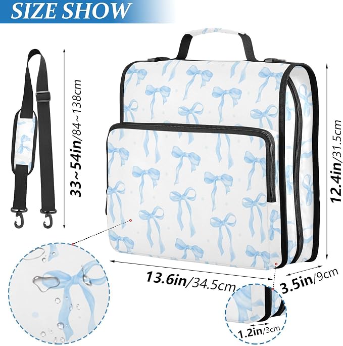Coquette Ribbon Watercolor Blue Zipper Binder with Shoulder Strap Bag 3 Ring Binder Organizer Large Capacity Multiple Compartments for School Office