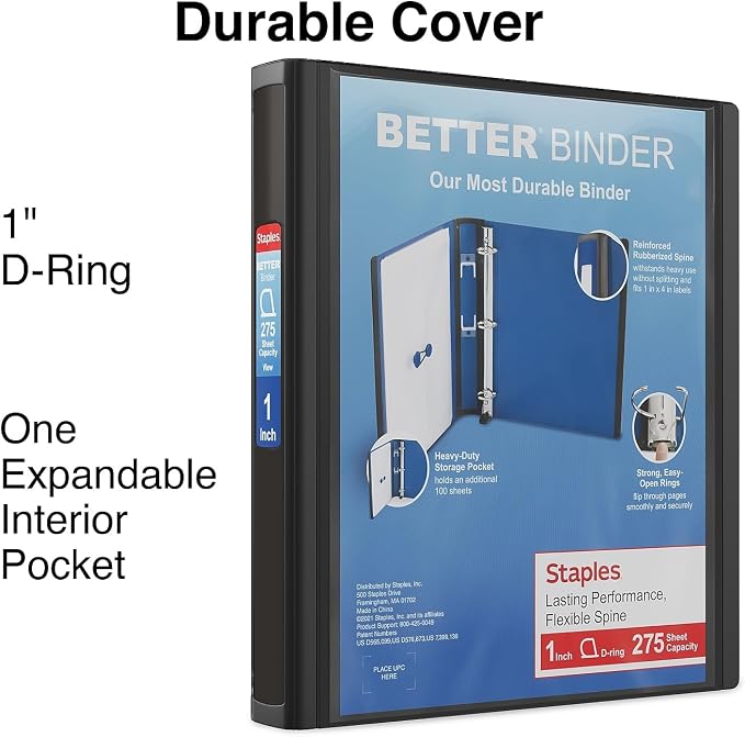 Staples Better Binder, 1 Inch D-Ring, Black, 275 Sheets, 3-Pack | Reinforced spine for durable school and office document organization.