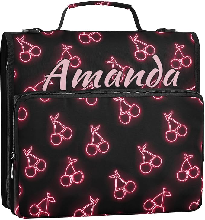 Custom 3 Ring Zipper Binder Pink Neon Cherry Personalized Name 1.5 inch Binders Large Capacity Multi Pockets for School Office Supplies