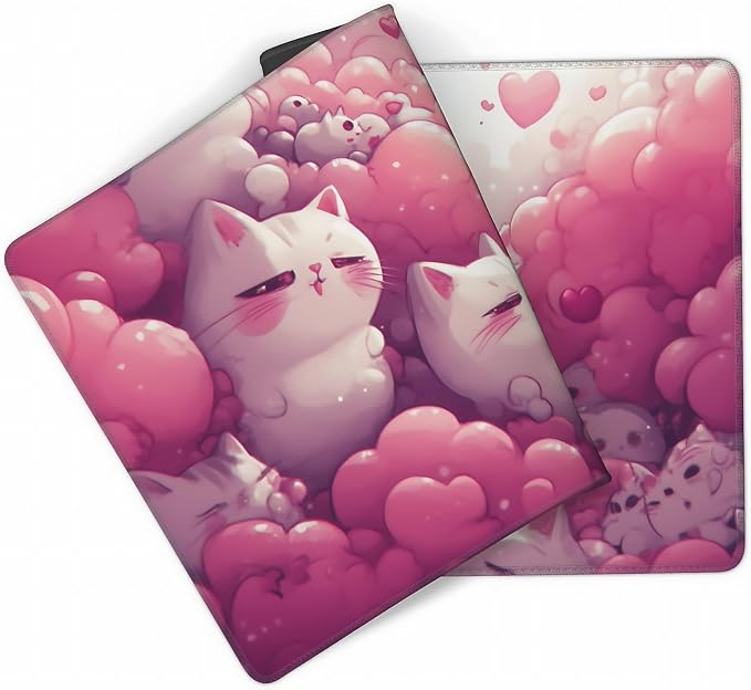 Cute Anime White Cat Gaming Mouse Pad, Pink Dreamy Desk Mat with Anti-Slip Base & Stitched Edges, Computer Keyboard & Laptop Pad, 35.4" x 15.7" in in Workstation Accessories