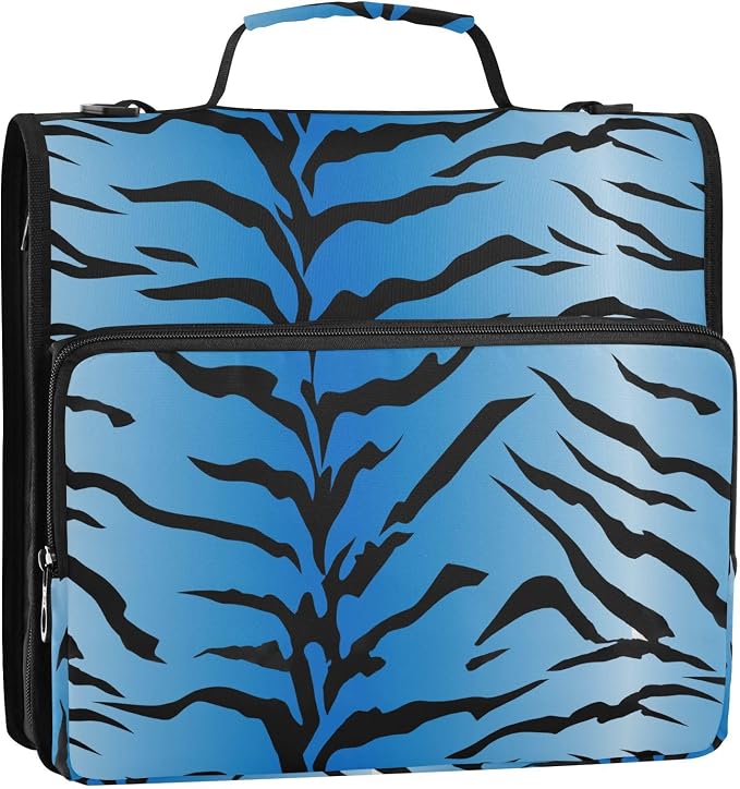 3 D-Ring Zipper Binder Bag, Blue Tiger Stripes Black Pattern Removable Binder with Zipper Case Hold 300+ Sheets& 13 Inch Laptop for School Office Supplies Organizer