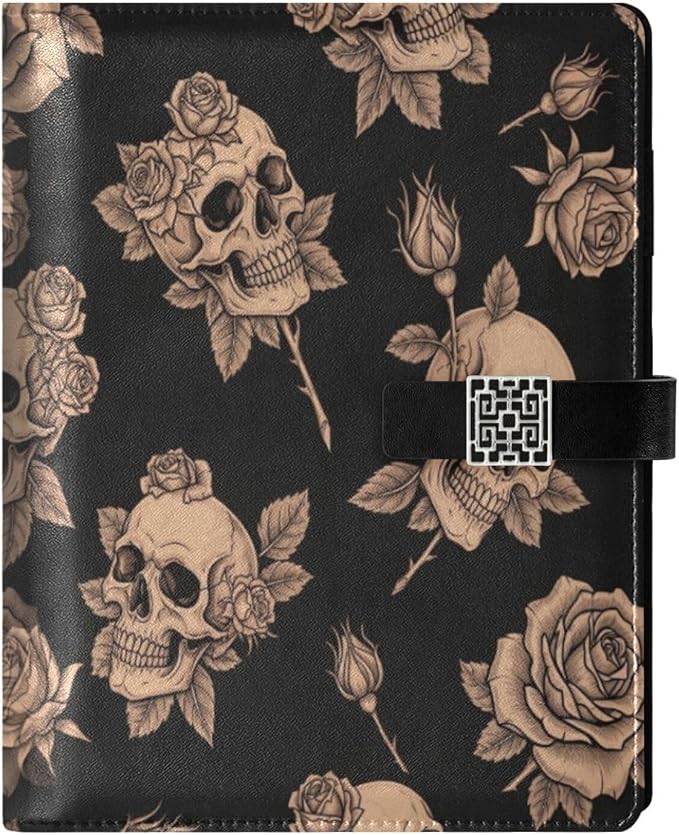 DIGTIA Skull Rose Floral Halloween PU Leather Notebook A5 Binder 6 Ring Refillable Journal with Magnetic Buckle Closure Loose Leaf Travel Office Planner Budget Binder Notepad Portfolio