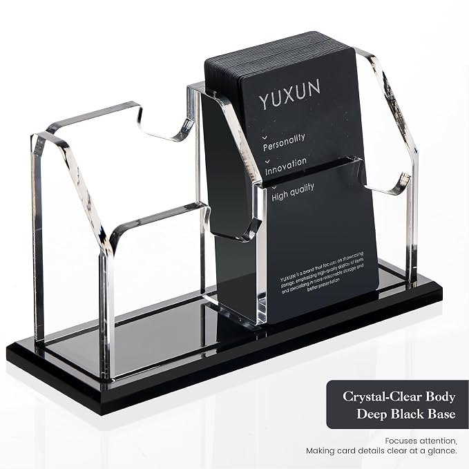 YUXUN Business Card Holder for Desk Vertical 1 Tier 2 Slot ,Black Acrylic Business Card Display Stand for Men & Women,Desktop Business Card Organizer for Office Home Exhibition, 100 Card Capacity
