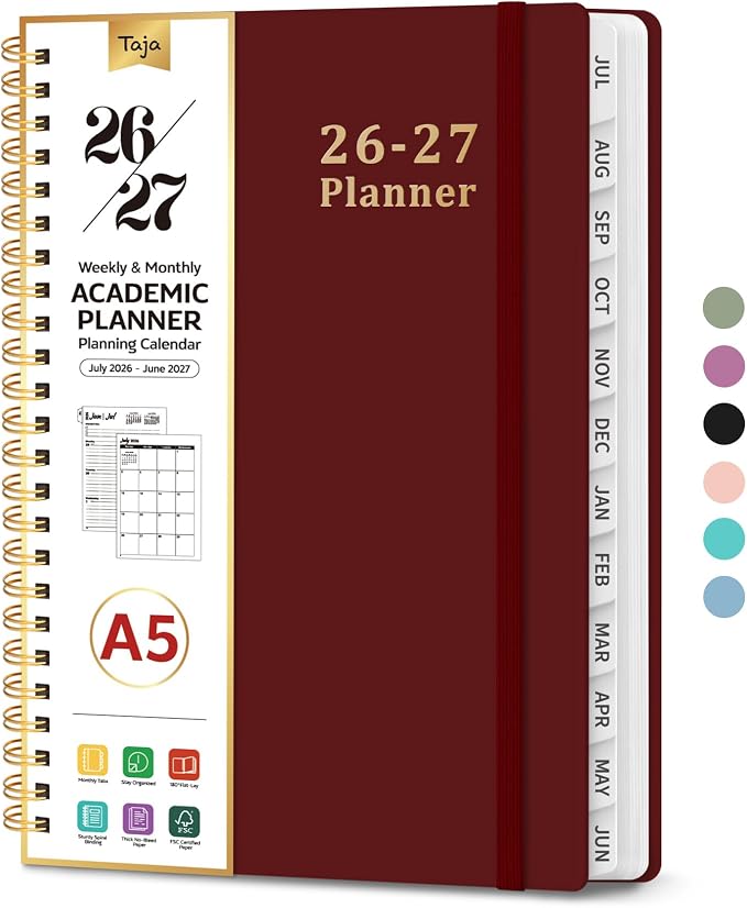 Taja Planner 2026-2027, 6.3" x 8.5" Calendar Planner, Jul 2026-Jun 2027 | A5 Hardcover Weekly & Monthly Academic Year Planner, Large Planning Agenda With Tabs, School & Office Supplies, Burgundy
