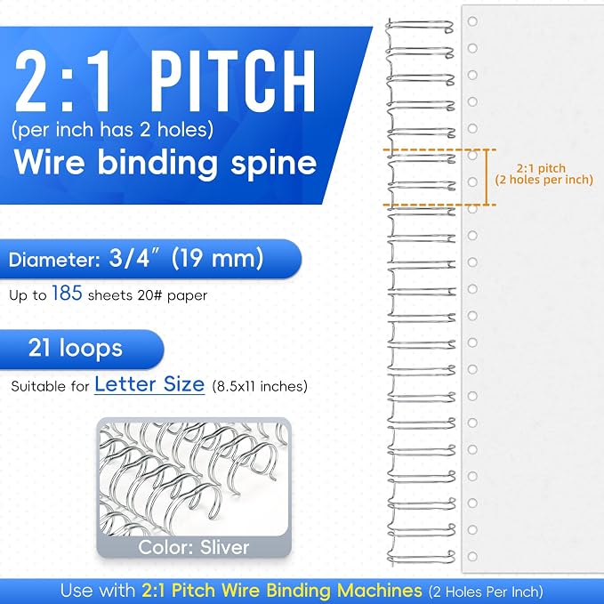RAYSON 2:1 Wire Binding Spines, 21 Loop, 3/4", Silver, 185 Sheet, 50 Pack | 2:1 Pitch Binding Wire | Double Loop Wire | 185 Sheet Binding | Letter Size | Silver 50 Pack