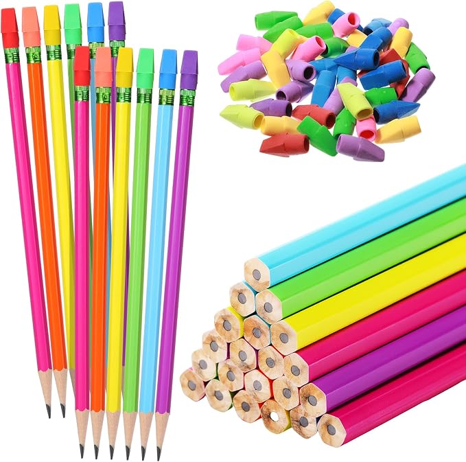 Gersoniel 24 Pack Rainbow No. 2 Pencils, HB Wooden Bulk with 48 Eraser Caps