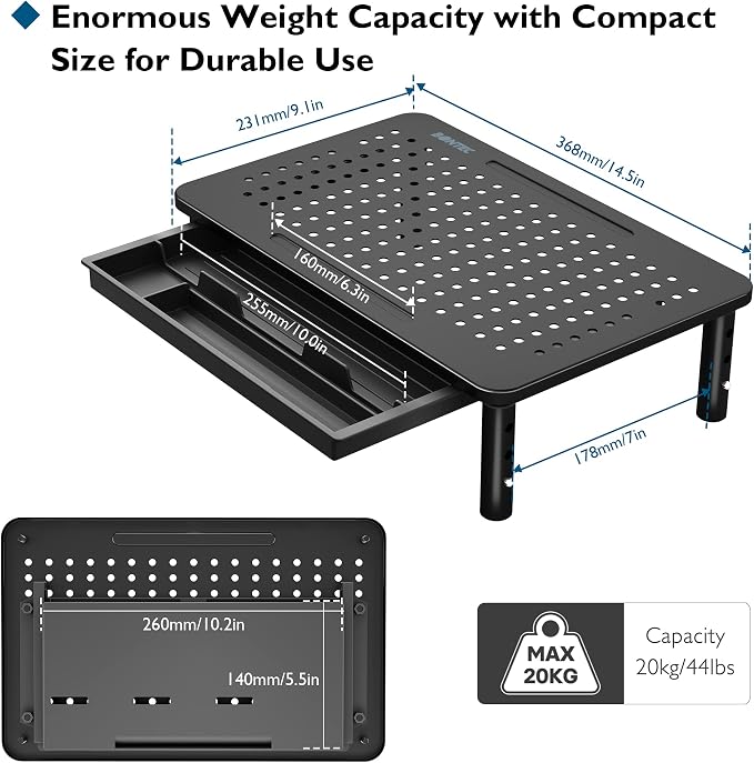 BONTEC 1 Pack Adjustable Monitor Stand Riser with Drawer, Supports 44lbs | Ergonomic Mesh Platform for Desk, Ventilated Laptop and PC Use with Cable Management for a Cooler, Organized Workspace