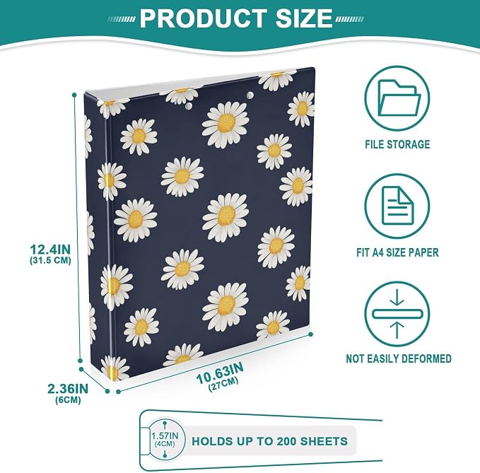 Flower Daisies Floral D Ring Binders 1.5 Inch with Clear Pocket, School Office Supplies Water Resistant Kitchen Recipe Organizer Hard Round Ring View Binders with Aesthetic Print
