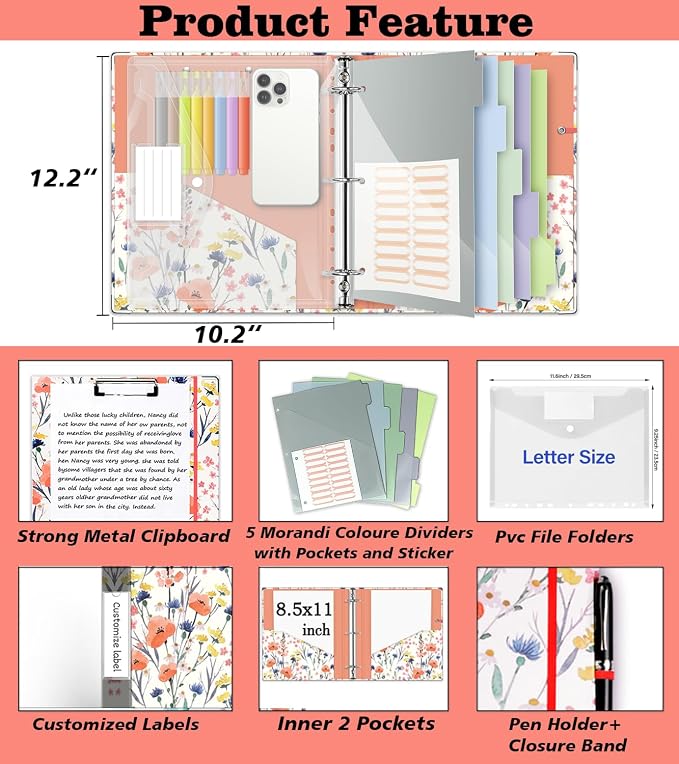 3 Ring 1 Inch Binder Organizer, KLLVE Three Ring Binders with Clipboard, 5-Tabs Pockets Dividers, Plastic Folder, 18 Divider Stikers,Pen Loop (Flora, Letter Size)