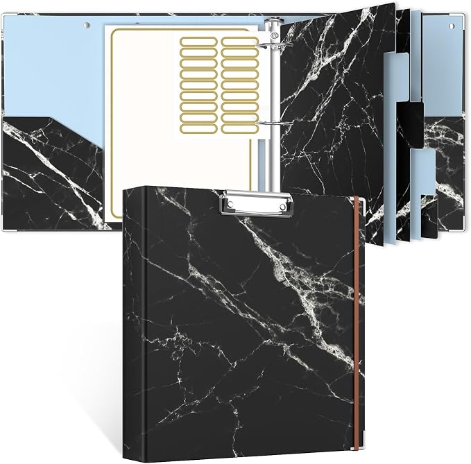 Rouidr 3 Ring Binder, 2 Inch Round Ring Binder Organizer with Clipboard, 5 Dividers Tabs, A4 8.5 x 11 Inch Paper & Clear Sleeves for School, Office Supplies, Black Textured Marble