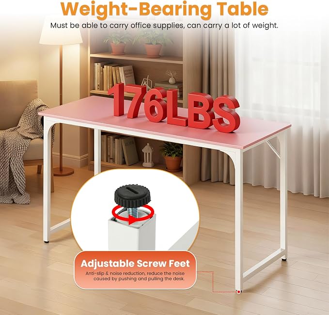 PayLessHere | 47 Inch Computer Desk | Pink | Office Desk with Metal Frame, Adjustable Feet | Water-Resistant, Scratchproof Surface | Sturdy Writing Table for Home Office or Study | Pack of 1