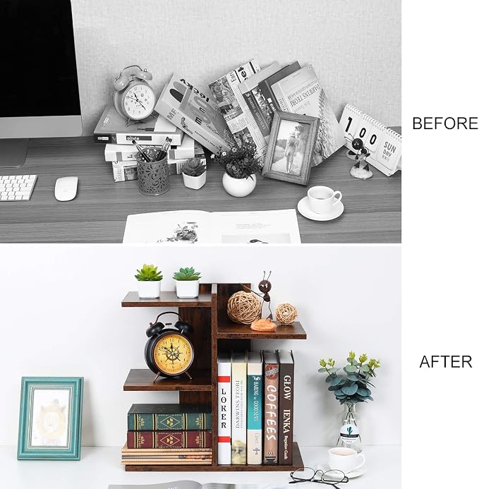 Wood Desktop Shelf Small Bookshelf Desk Supplies Organizers and Accessories Storage Display Rack Office Decor for Women, Antique Brown