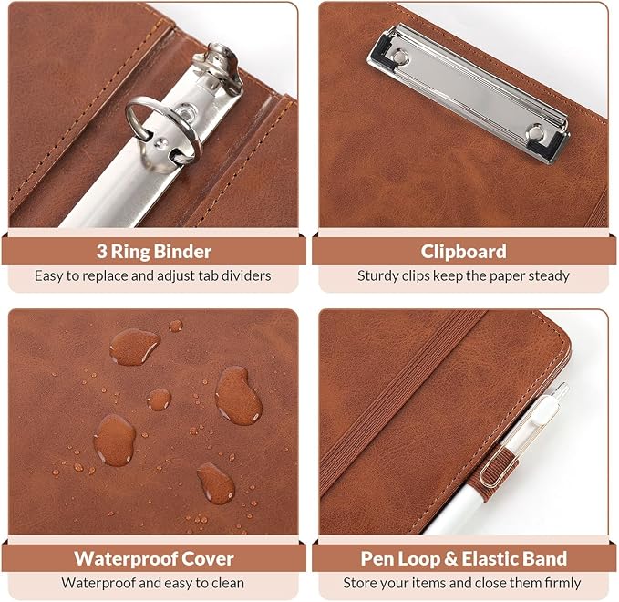 SKYDUE 3 Ring Binder with Clipboard,1 Inch Binder, 13.2" × 10.2" PU Clipboard Binder with Notepad & 5 Dividers with 5 Pockets, Labels, Clipboard Folder Great for School Office(Fit Letter Sized Paper)