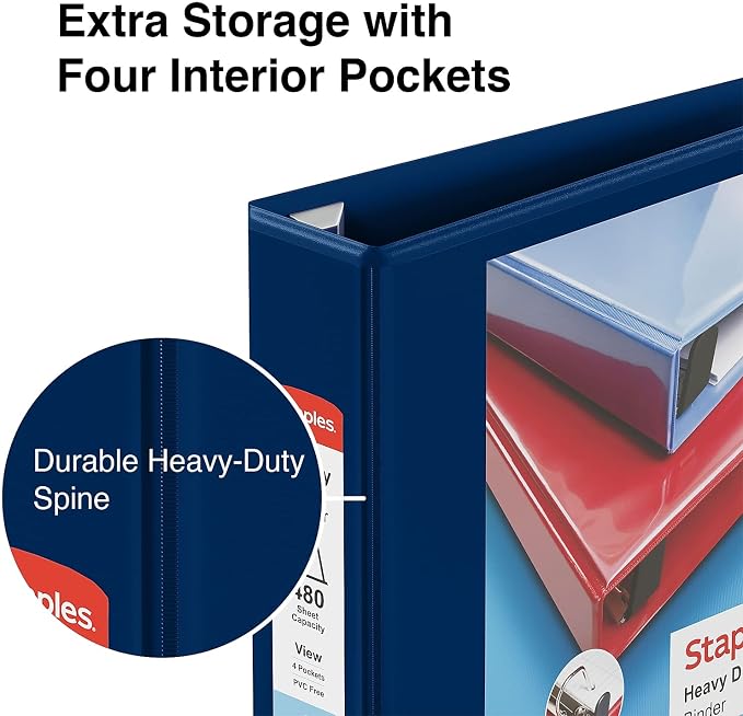 Staples Heavy‑Duty View Binder, 2" D‑Ring, Blue, Reinforced Spine, Durable 3‑Ring Binder for School, Office & Classroom Use
