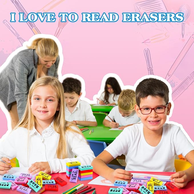 Dunzoom 300 Pcs Inspirational Erasers for Kids Back to School Gifts I Love to Read Small Colorful Pencil Erasers for Students Classroom Cute Motivational Gift for Drawing School Office Supplies