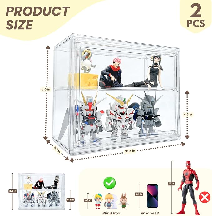 2 Pack Acrylic Display Case, 2/3 Layer Adjustable Figure Display Case, Wall-Mounted Dustproof Showcase for Collectibles Action Figure (2, 2 Tiers)