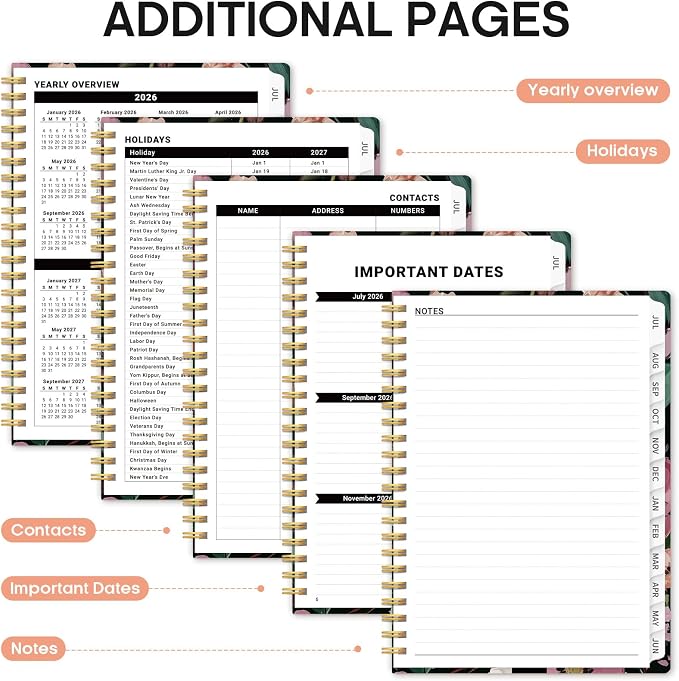 Planner 2026-2027, Monthly & Weekly Jul 2026-Jun 2027 Calendar Book | 6.3" x 8.5", Hardcover Spiral Planner with Tabs, School & Daily Pretty Agenda for Women, Students, Teachers, Blush Garden