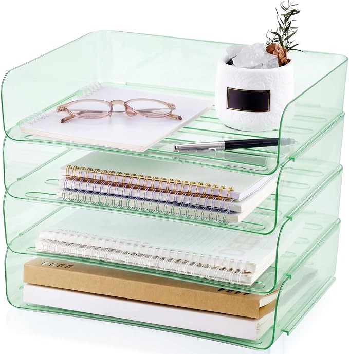 Harloon 4 Tier Clear Sage Green Acrylic Paper Organizer Letter Tray, Aesthetic Stackable Desk File Organizer Paper Holder Office Tray for A4, Modern Office Classroom Home File Pad Books Notes