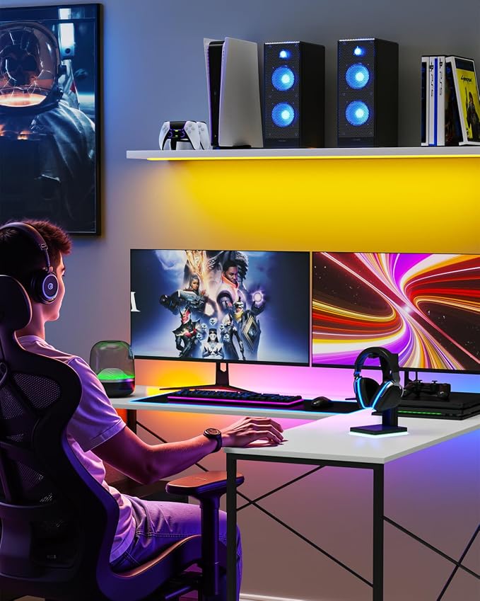 L Shaped Desk Gaming Computer 50 Inch Reversible Corner Table PC Work Table for Writing Study Student with Wood Tabletop Metal Frame CPU Stand Side Bag for Home Office Small Place