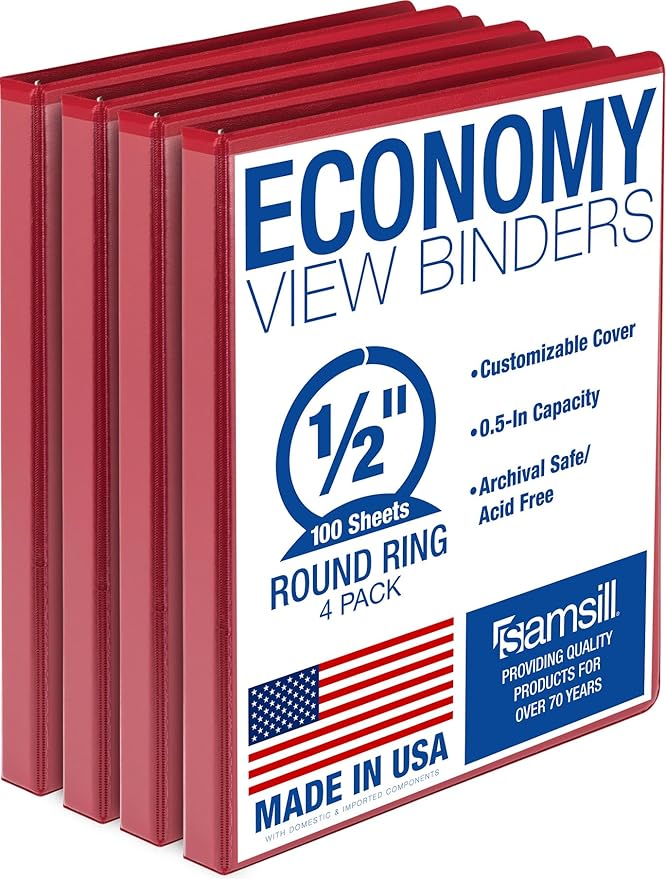 Samsill 0.5 Inch 3 Ring Binder, Economy Round Ring, Clear View Cover, 100 Sheet Capacity - for School, Home, Office - Red, 4 Pack