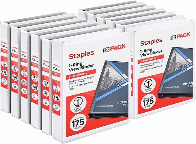Staples Economy 1-Inch Round Ring Binder, Holds Up to 175 Sheets Each, 12-Pack, White, Lightweight Binders for School & Office
