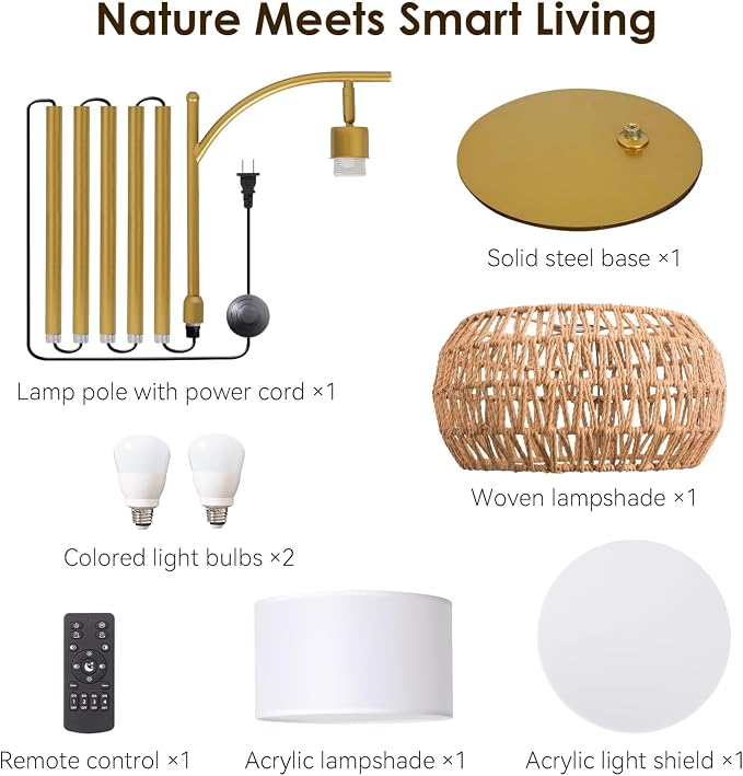 Gold Boho Rattan Floor Lamp w/Remote, Dimmable (2700K - 6000K), 2 - in - 1 Wicker & Fabric Shade, Adjustable 165-172cm for Living Room & Bedroom