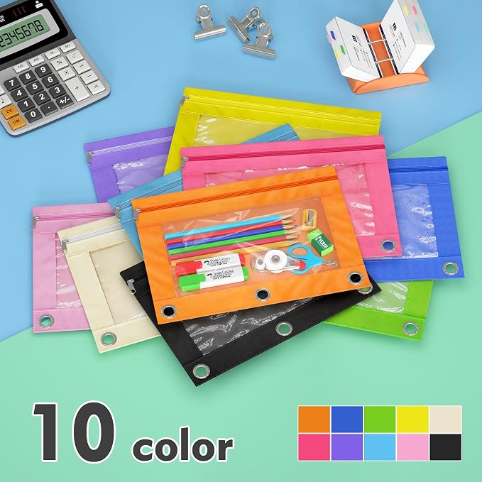 Binder Pencil Pouches, Pencil Pouch for 3 Ring Binder with Zipper Pulls, Clear Window Pencil Case for Binder, Zipper Pencil Pouches with Rivet Enforced 3 Ring, 20 Pack, 10 Color