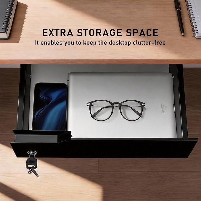 Under Desk Drawer Storage with Lock, Metal Undermount Table Drawer, Ball Bearing Slides Out Tray Organizer for Paper, Pencil, and Laptop 16"x11.8"x3.6", Black