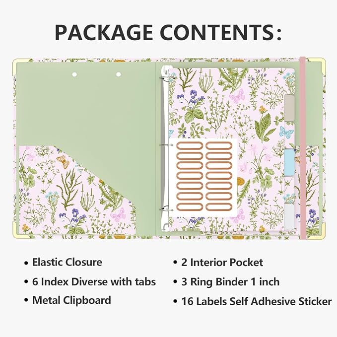 3 Ring Binder 1 Inch, Cute Round Ring Binders with 6 Tab Dividers, Labels Stickers, Low Profile Clipboard with Storage, Fashion Binder School Office Supplies(Wild Flowers)