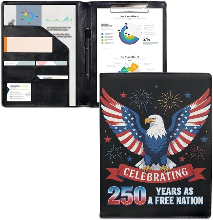 Dreaweet 250th Anniversary Portfolio Padfolio Organizer Binder with Clipboard,Patriotic Eagle Leather Business Interview Resume Document Holder Folder Planner Organizer for Office Conference Notepad