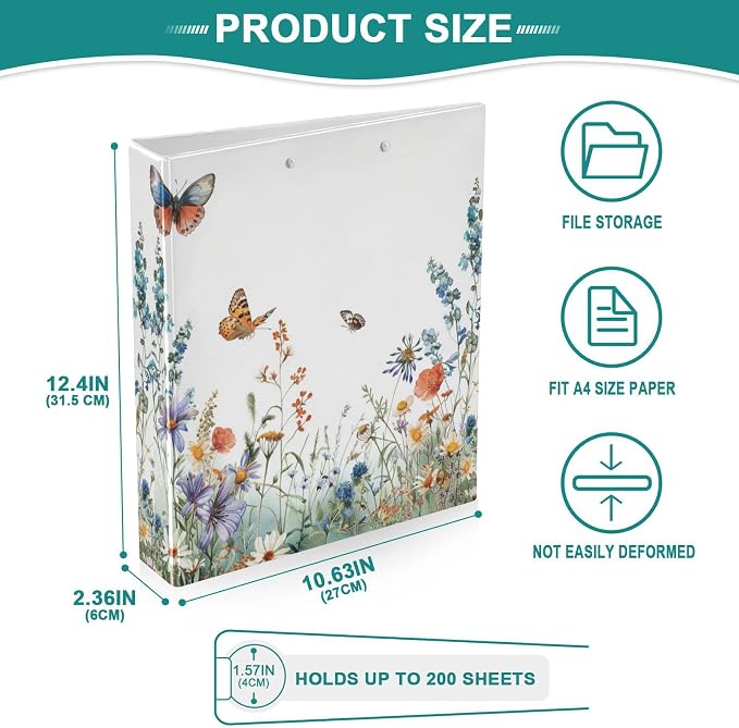3 Ring Binder, Wildflowers Butterflies Botanical File Folder Holds 200 Sheets File Storage for Women Men School Office Supplie