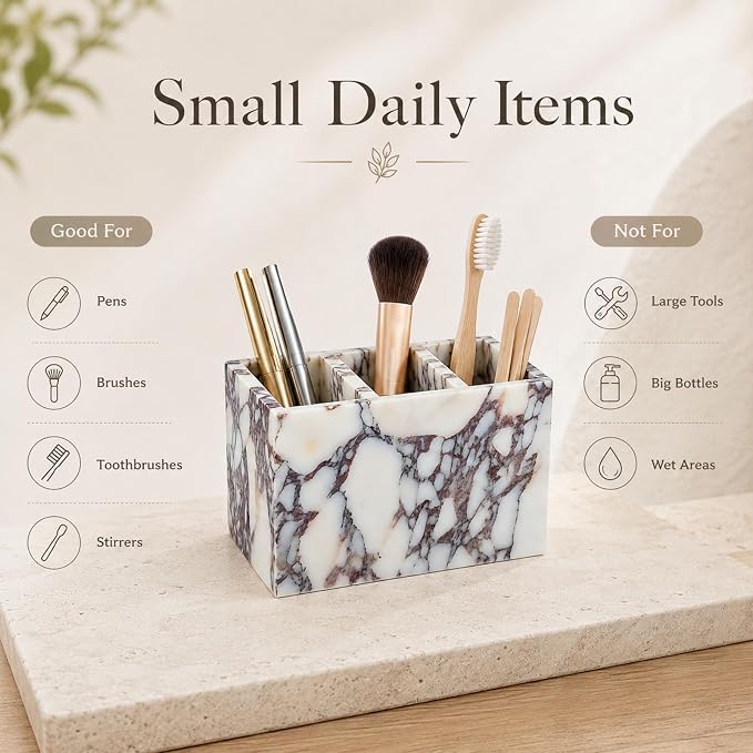 3-Compartment Natural Marble Desk Organizer, 5.91 in | 3-Compartment Natural Marble Organizer for Pens, Brushes and Small Items