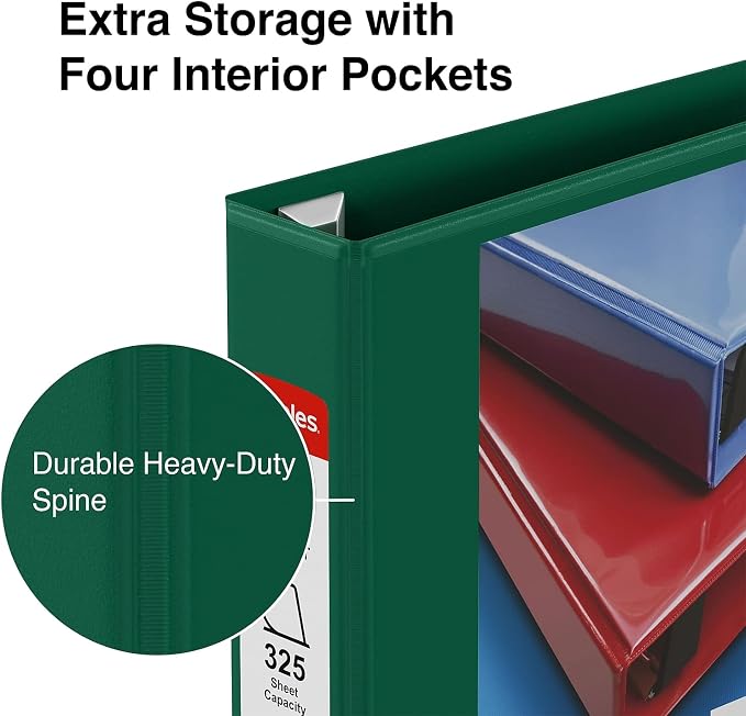 Staples Heavy-Duty 1.5-Inch 3-Ring View Binder, Dark Green, 4 Pockets | D-rings for durable everyday school and office document organization.