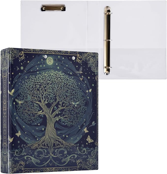 3 Ring Binder 1.5 in Recipe Binders 1 Pcs Tree of Life | Decorative Client Records with Clip 3 Clear Interior Pockets for 200 Sheets Letter-Size(11" x 8.5") Paper PVC Cover Folder