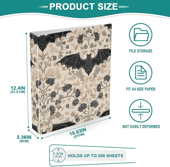 Gothic Bat Round Ring Binders Floral (7) 1.5 Inch 3 Ring Binder with Clipboard Holds 200 Sheets Office Home School