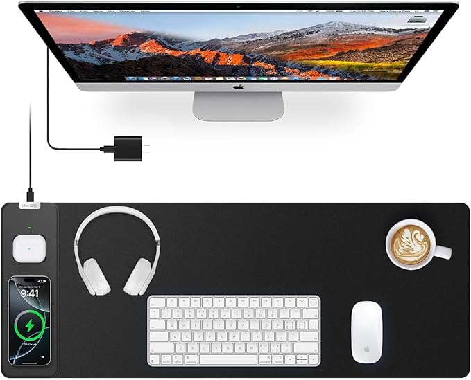 Magnetic Wireless Charging Mouse Pad, 27.5"x11.8", with 20W Adapter, Black | Gaming Desk Mat with Superior Stitched Edges, Non-Slip Base, Waterproof Smooth Desk Writing Pad for Gamer, Office & Home