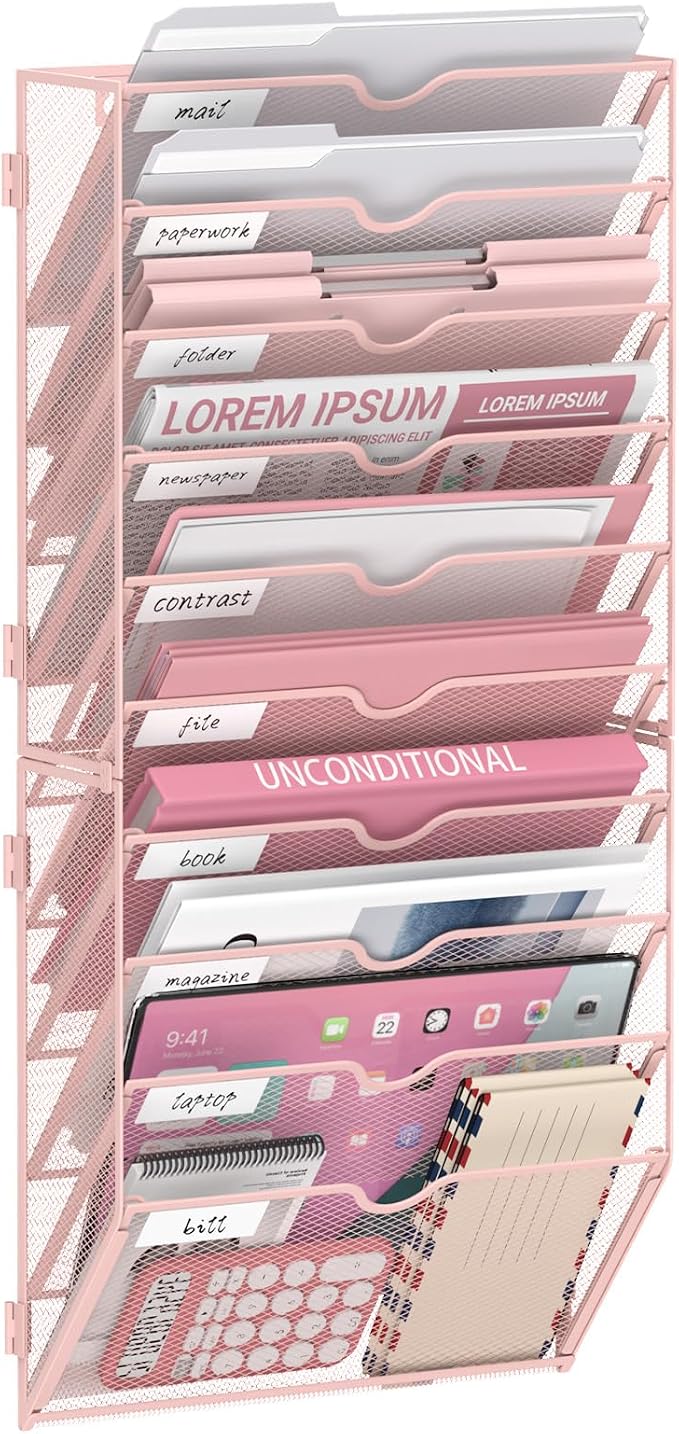 10-Tier Wall File Organizer and Hanging File Organizer, Pink | Wall Organizer and Wall Mounted File Holder with 10 Pockets and Label Panels for Files, Mail, Folders, Magazines and Paper