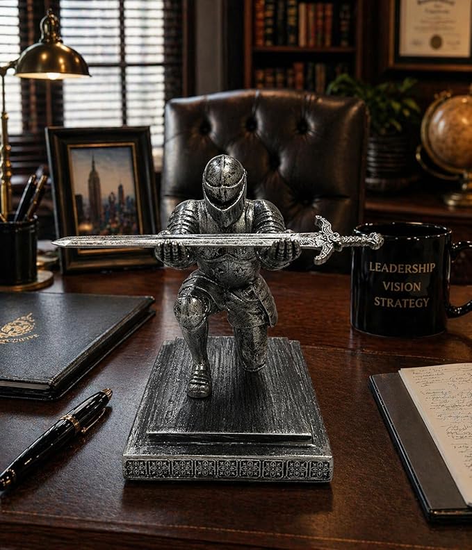 Magnetic Knight Pen Holder for Desk, Medieval Desk Decor Gift for Men, Resin Office Desk Organizer with Sword Letter Opener, Cool Desk Accessories for Dad Husband Boss